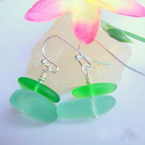 SEA GLASS Frosted Aqua Blue Green Silver Earrings